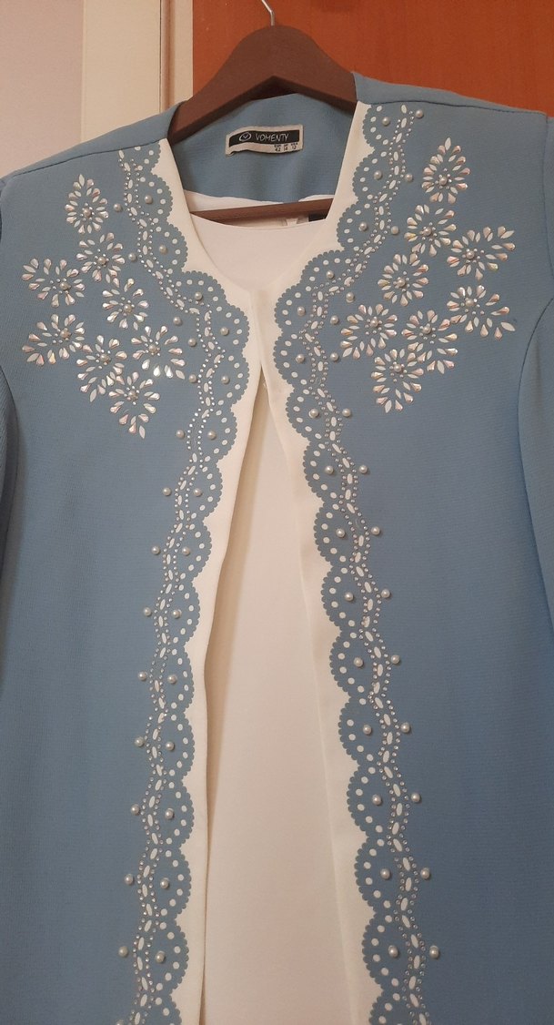 Nakış Detaylı Uzun Mavi Ofis Elbisesi - Görsel 2