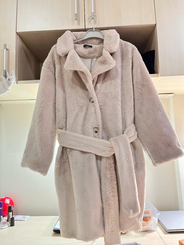 Bej Midi Kadın Peluş Kaban - Görsel 2