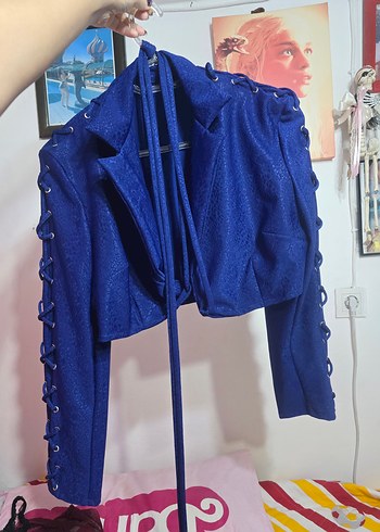s Beden Parlak Mavi Strappy Kollu Denim Ceket