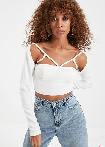 Beyaz Strappy V Yaka Denim Crop Top