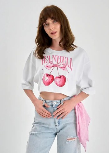 Koton Beyaz Baskılı Crop Tişört