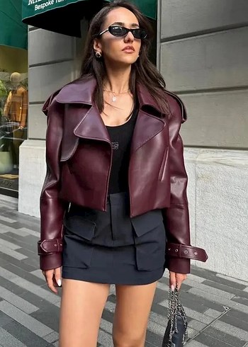 s Beden bordo Renk Bordo Deri Kemerli Kısa Ceket