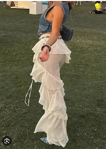 Beyaz Fırfırlı Bohem Kadın Salaş Pantolon - Görsel 3