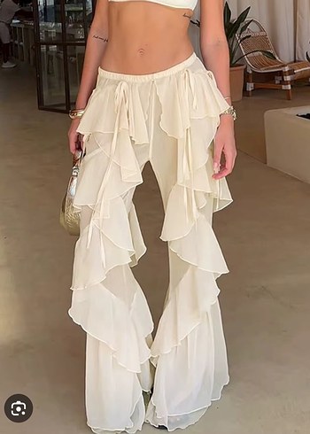 Beyaz Fırfırlı Bohem Kadın Salaş Pantolon - Görsel 20