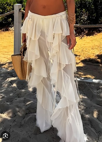 Beyaz Fırfırlı Bohem Kadın Salaş Pantolon - Görsel 14