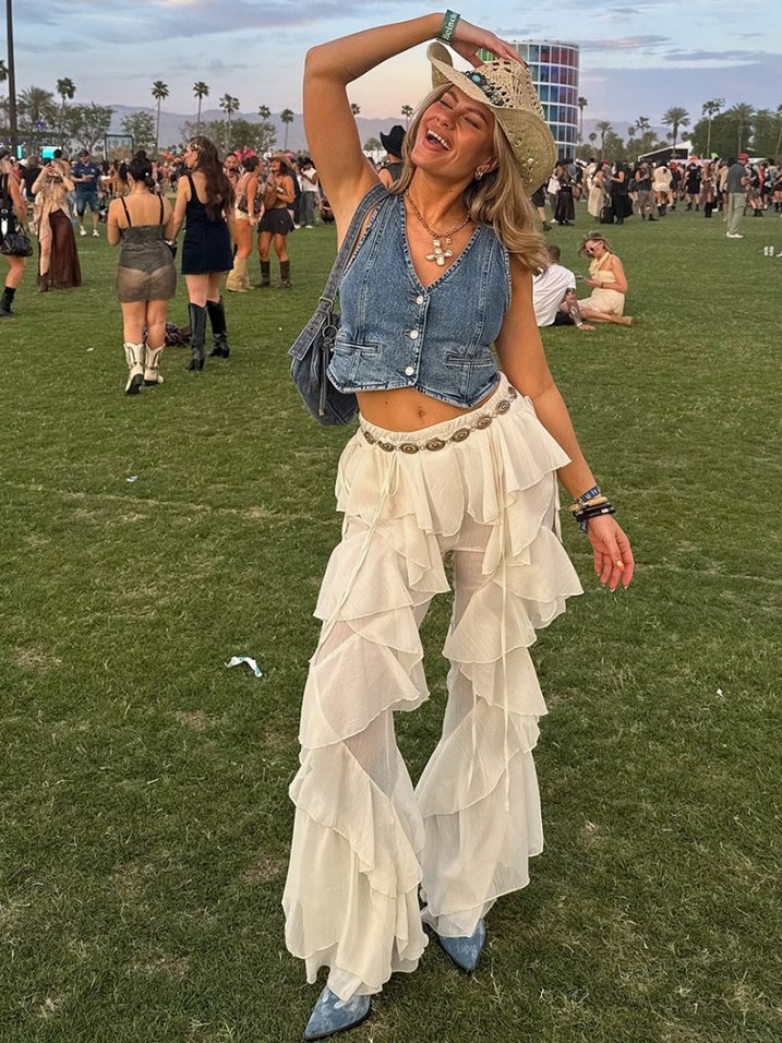 Beyaz Fırfırlı Bohem Kadın Salaş Pantolon - Görsel 4