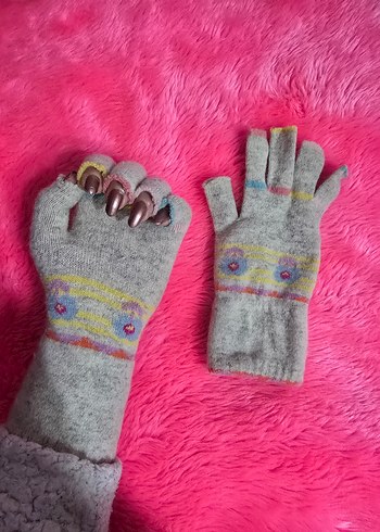 Bohem Renkli Örgü Parmaksız Gri Eldiven - Görsel 2