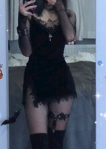 Dantel Detaylı Siyah Gotik Mini Elbise - Görsel 6