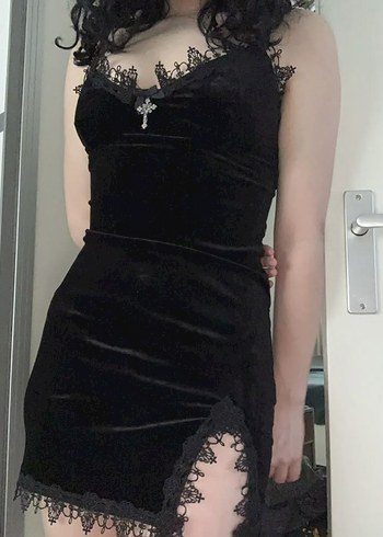 Dantel Detaylı Siyah Gotik Mini Elbise - Görsel 3