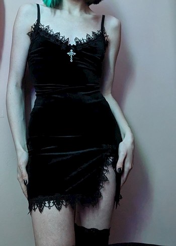 Dantel Detaylı Siyah Gotik Mini Elbise - Görsel 9