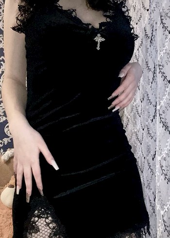 Dantel Detaylı Siyah Gotik Mini Elbise - Görsel 10