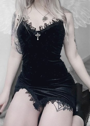 Dantel Detaylı Siyah Gotik Mini Elbise - Görsel 7