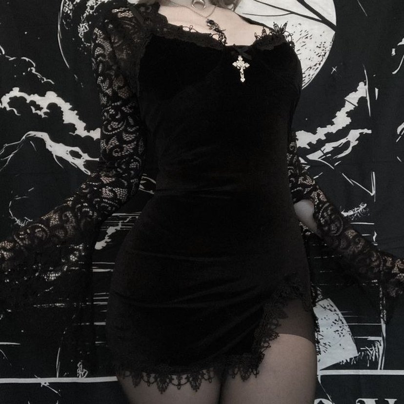 Dantel Detaylı Siyah Gotik Mini Elbise - Görsel 2