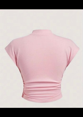 Pembe Mini Crop Top, Yüksek Yakalı, Fiyonklu - Görsel 2
