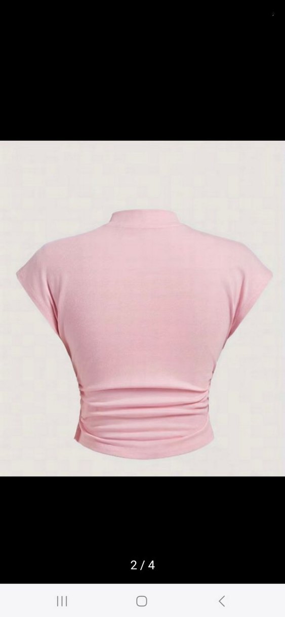 Pembe Mini Crop Top, Yüksek Yakalı, Fiyonklu - Görsel 2
