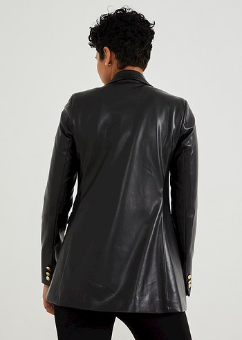 Düğmeli Siyah Deri Kadın Ceket - Görsel 4