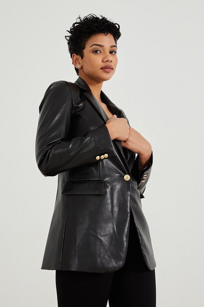 Düğmeli Siyah Deri Kadın Ceket - Görsel 5