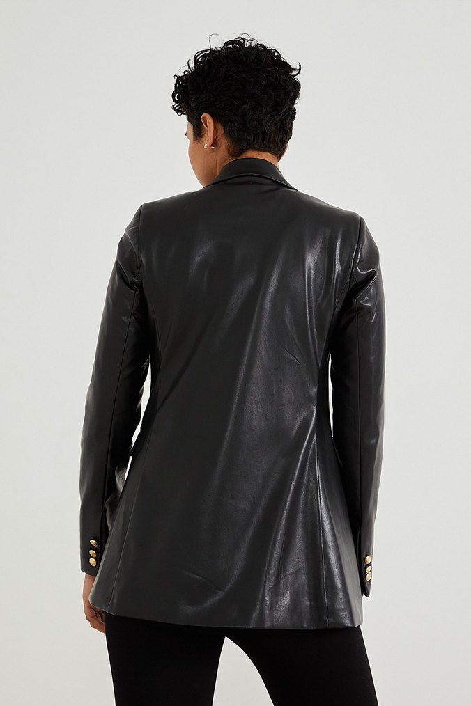 Düğmeli Siyah Deri Kadın Ceket - Görsel 4