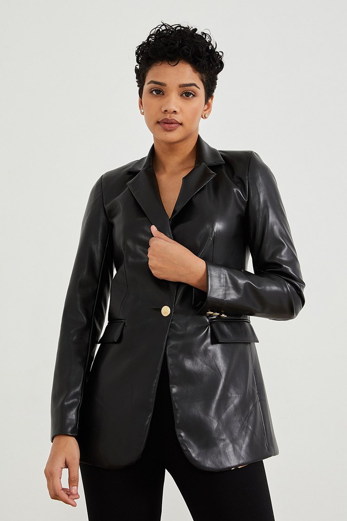 Düğmeli Siyah Deri Kadın Ceket - Görsel 2