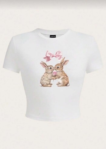 Pembe Baskılı Kısa Kollu Pamuklu Tişört - Görsel 7