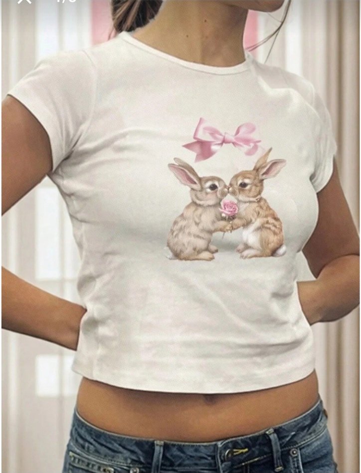 Pembe Baskılı Kısa Kollu Pamuklu Tişört - Görsel 2