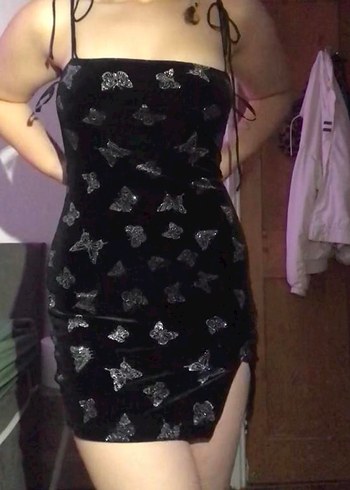 Siyah Pul Detaylı Straplez Mini Elbise - Görsel 6