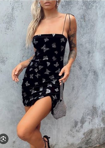 Siyah Pul Detaylı Straplez Mini Elbise - Görsel 8