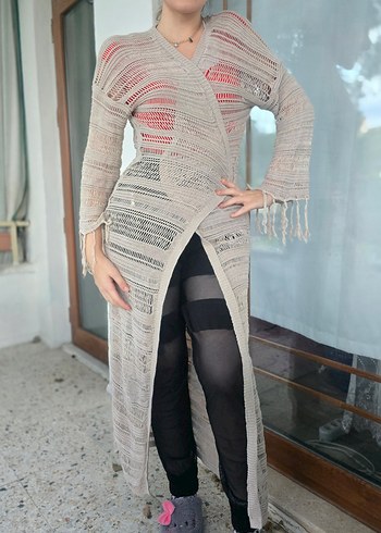 Uzun Kollu Beyaz Bohem Bağlamalı Elbise - Görsel 8