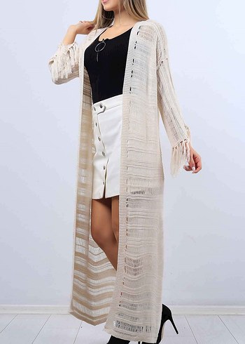 Uzun Kollu Beyaz Bohem Bağlamalı Elbise - Görsel 7