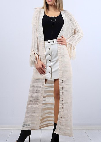 Uzun Kollu Beyaz Bohem Bağlamalı Elbise - Görsel 4