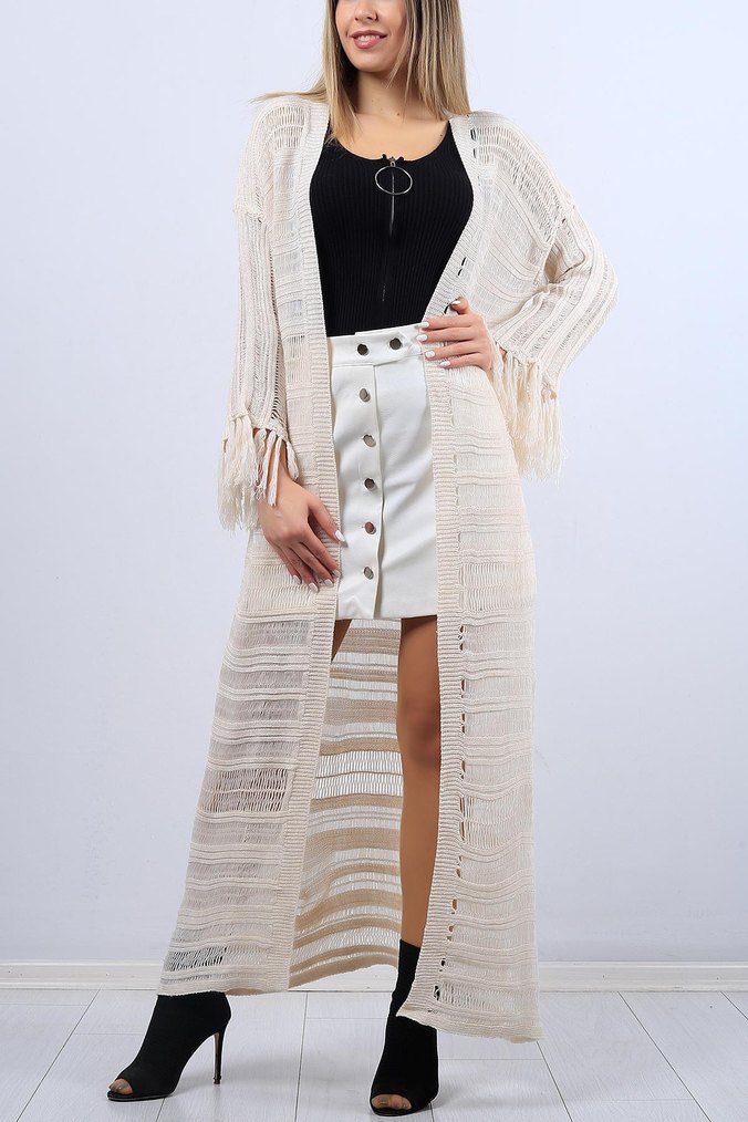 Uzun Kollu Beyaz Bohem Bağlamalı Elbise - Görsel 4