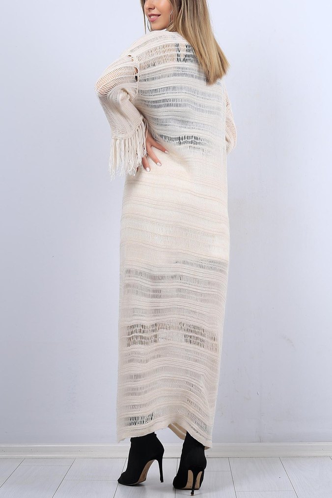 Uzun Kollu Beyaz Bohem Bağlamalı Elbise - Görsel 3