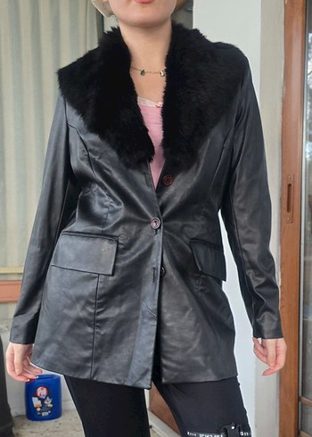 Kadın Siyah Deri Kürklü Ofis Ceket - Görsel 2