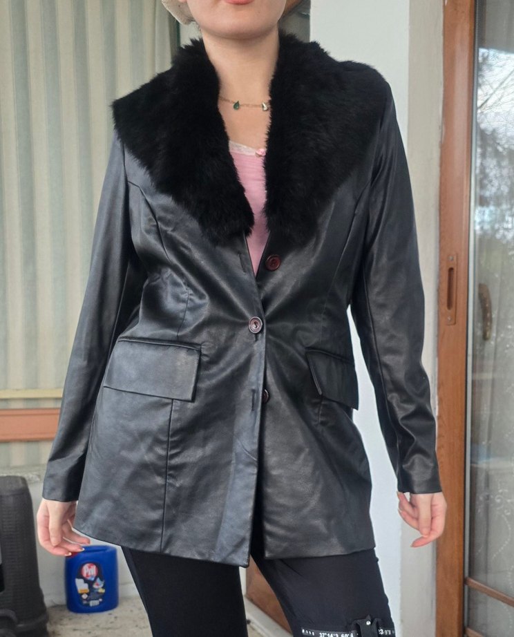 Kadın Siyah Deri Kürklü Ofis Ceket - Görsel 2