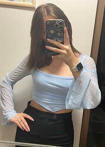 Mavi V Yakalı Uzun Kollu Crop Top - Görsel 5