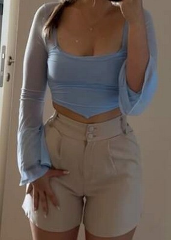 Mavi V Yakalı Uzun Kollu Crop Top - Görsel 6