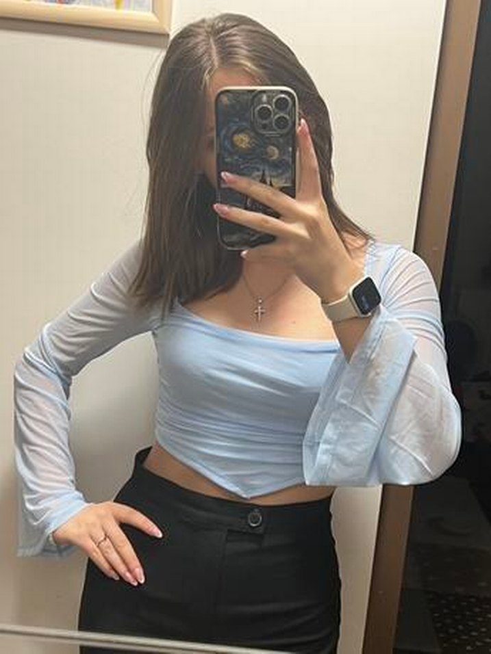 Mavi V Yakalı Uzun Kollu Crop Top - Görsel 5