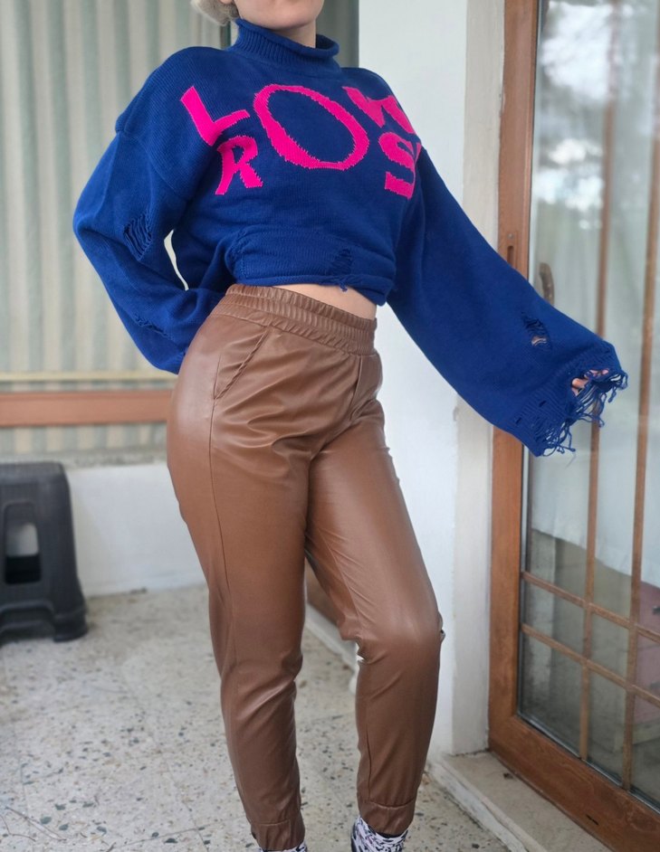 Kahverengi Deri Kemerli Kadın Pantolon - Görsel 2