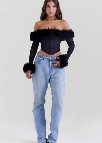 Kürk Detaylı Siyah Straplez Gotik Büstiyer - Görsel 15