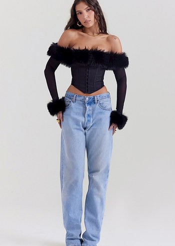 Kürk Detaylı Siyah Straplez Gotik Büstiyer - Görsel 3