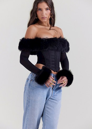 Kürk Detaylı Siyah Straplez Gotik Büstiyer - Görsel 5