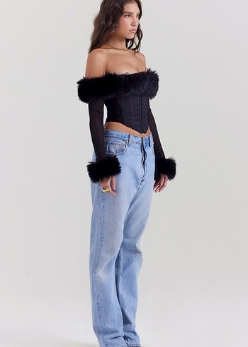 Kürk Detaylı Siyah Straplez Gotik Büstiyer - Görsel 4