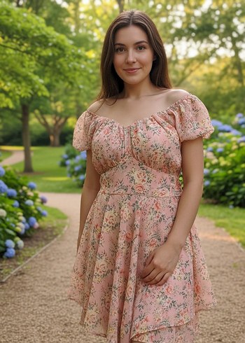 V Yaka Mini Pembe Şifon Elbise - Görsel 2