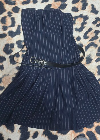 Kemerli Lacivert Çizgili Straplez Mini Elbise - Görsel 2