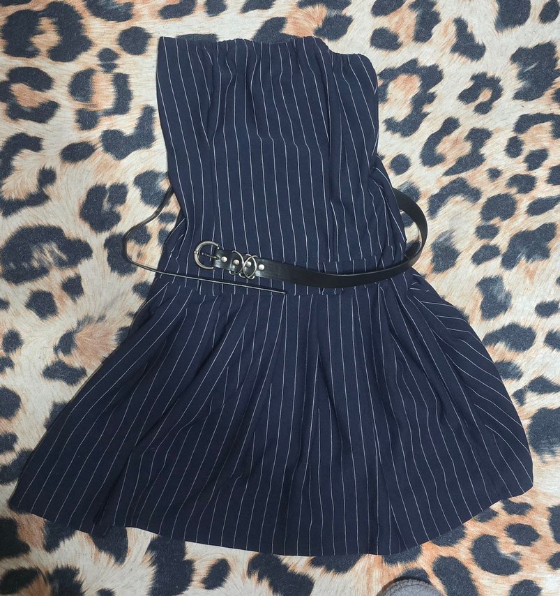 Kemerli Lacivert Çizgili Straplez Mini Elbise - Görsel 2
