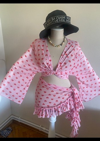 Pembe Kalp Desenli Bohem pareo
