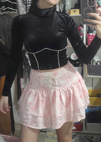 Kadın Siyah Parlak Mini Gotik Bluz - Görsel 9