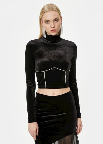 Kadın Siyah Parlak Mini Gotik Bluz - Görsel 3