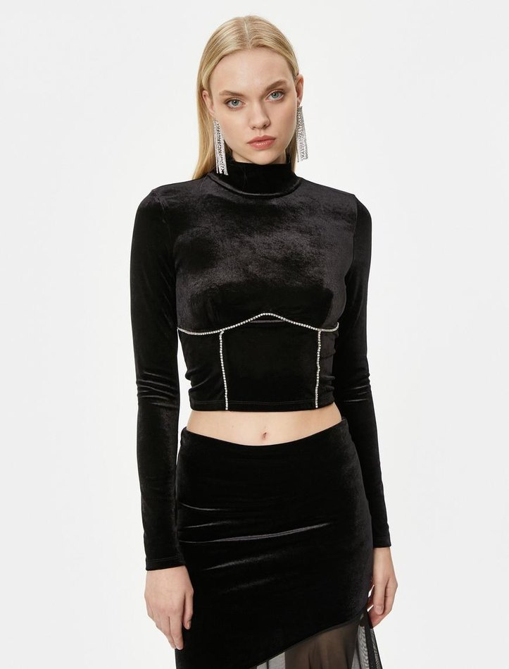 Kadın Siyah Parlak Mini Gotik Bluz - Görsel 3