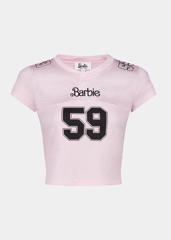 Barbie Pembe V Yaka Dantel Detaylı Kısa Kollu Tişört